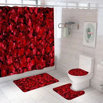 Vörös Rózsa Virág Mintás zuhanyfüggöny Szett Szőnyegek Vízálló Fürdés Screen Anti-slip Wc Fedél Fedél Szőnyeg Fürdőszoba Decor Kép
