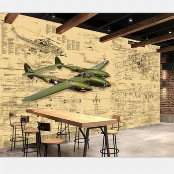 wellyu Háttérkép egyéni otthoni dekoráció fotó, kézzel festett retro repülőgép rajzok ipari szél, bár freskó étterem Kép