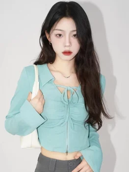 Y2k Esztétikai koreai Divat Póló Vékony Cipzár Alkalmi Nyak Vékony Kötés Kivágott Felsők Nők Kapcsolja Le a Gallér, Hosszú Ujjú T-shirt Kép