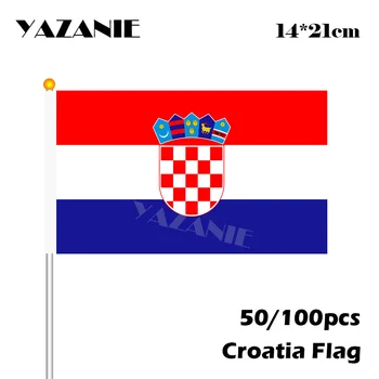 YAZANIE 14*21 cm 50/100 Horvátország Poliészter Kezében Zászló, Magas Minőségű, Kis Műanyag Rudat Zászlók Bannerek Rajongók Banner Sport Esemény Kép